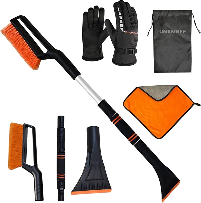 UNXMRFF 32 Inch Snow Brush - Aluminum Car Snow Scraper and Brush for Cars Windshield with Ergonomic Foam Grip for Snow Removal, Detachable Ice Scraper for Car