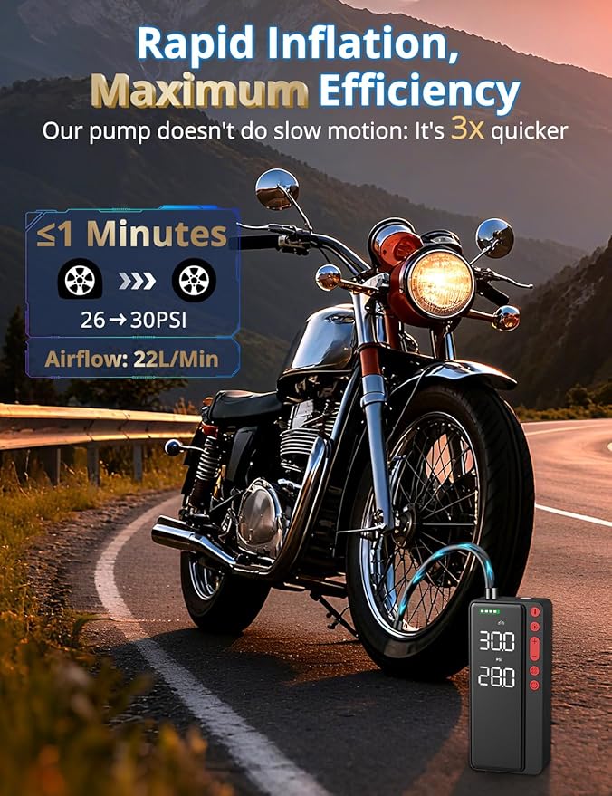 Smart Tire Inflator Portable Air Compressor, APP Control Air Pump For Car Tires, 10000mAh, 4X Faster 150PSI Bike Pump with All-in-One Storage, LED Light & Auto Shut-Off for Motorcycles