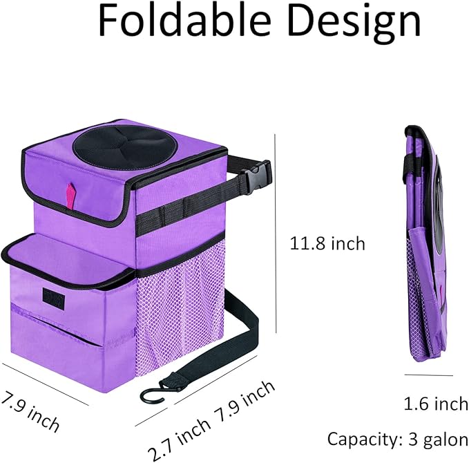 Car Trash Can Foldable Garbage Bin Leakproof 3 Gallons Purple