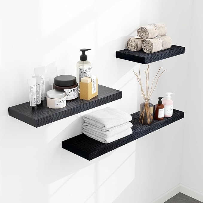 Fun Memories Floating Shelves - 2 Pack 9.3 Inch Deep Rustic Wooden Wall Shelves - Wall Mounted Storage Shelf with Invisible B