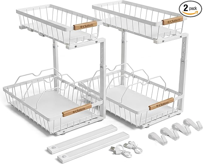 Under Sink Organizer, 2 Pack, 2 Tier Sliding L-Shaped Carbon Steel Rack with Adjustable Height, Motion-Activated LED Lights, 