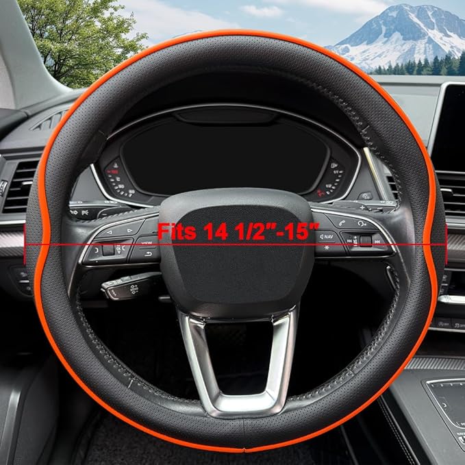 HAOTULE Leather Steering Wheel Cover， with Anti-Slip Stripe Design - Enhanced Grip, Fashion Style, Safe, Non-Slip, Breathable
