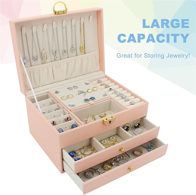 KOOAAICCHI Jewelry Box for Women, 3-Layer Jewelry Organizer, Jewelry Storage Case PU Leather for Earrings, Bracelets, Ring, N