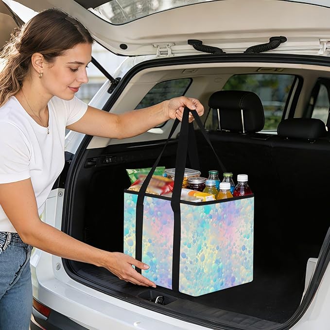 Pastel Rainbow Reusable Grocery Bags Large Shopping Tote Bag with Reinforced Bottom Board, Water Resistant Foldable Storage B
