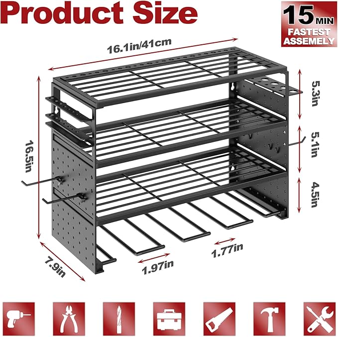 Power Tool Organizer Wall Mount - 4 Layer Metal Power Tool Storage Rack, Cordless Drill Holder with 4 Hooks, Utility Storage 