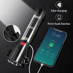 Solar Powered Car Safety Hammer Flashlight with Seatbelt Cutter, LED High Lumens, Red and Blue SOS Flashing, USB Charging, Ma