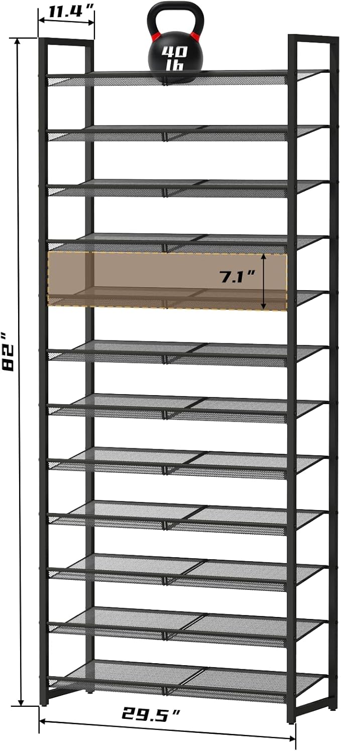 Shoe Rack, 12-Tier Metal Shoe Organizer, Tall Shoe Rack for Closet,entryway,Garage, with Adjustable Flat or Angled Shelves, 5