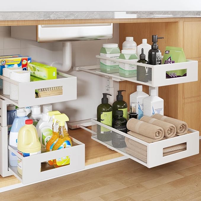 Under Sink Organizer, 2-Tier Dual Pull Out Cabinet Organizer Drawers With Smooth Circular Rail, Large Capacity Metal Mesh Sli