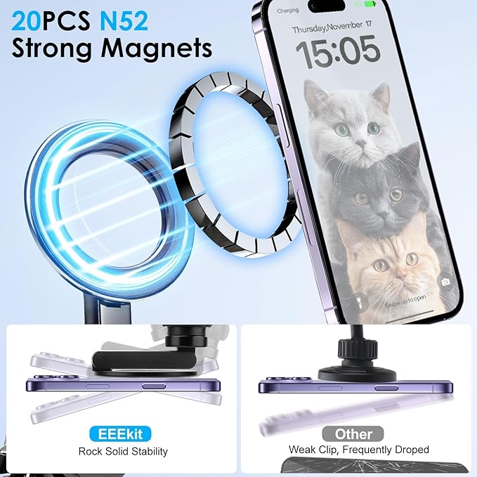 EEEKit Magnetic CD Slot Phone Holder for Car, 20 N52 Strong Magnets Vent Mount, Adjustable CD Slot Car Mount Compatible with iPhone 12-17 Series MagSafe Cases and Smartphones