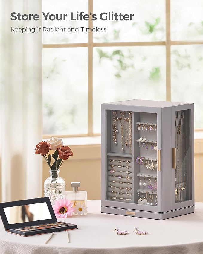 Glimmloop 360° Rotating Jewelry Box with 7 Drawers, Spacious Vertical Jewelry Organizer with Glass Window, Jewelry Storage Ca