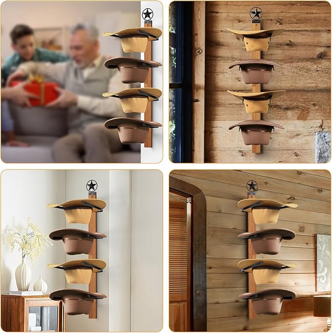 Cowboy Hat Rack, 4-Piece Western Hat Rack For Wall with Natural Wooden Board, Gift Cowboy Hat Holder for Wall Décor Keeps Ori