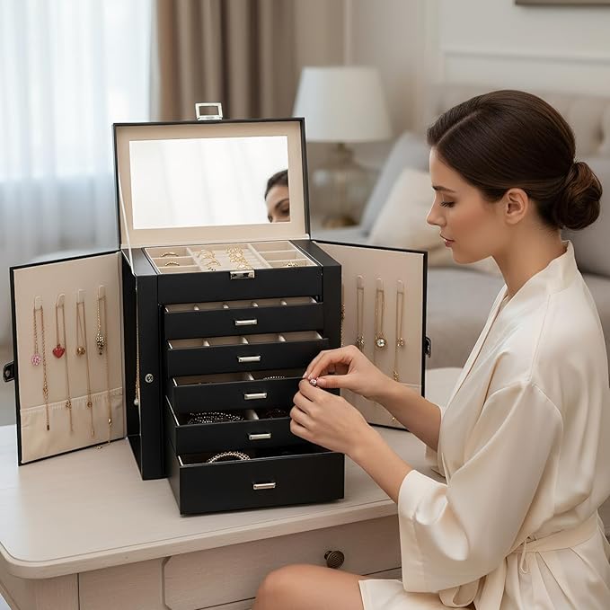 BOOVO Jewelry Box For women, 6 Layer Large Jewelry Organizer With Mirror, Multi-Function Storage Box With Lock, Necklace Hold