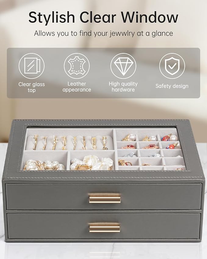 AKOZLIN Jewelry Box with Clear Lid Functional Leather Jewelry Storage Organizer Case 2 Drawers for Women Girls Necklace Ring 