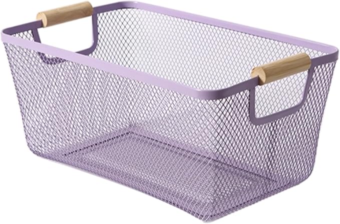 AJIODA Metal Mesh Steel Basket, Medium Wire Storage Organizer Basket Multi-function Hanging Kitchen Basket with Wood Handle f