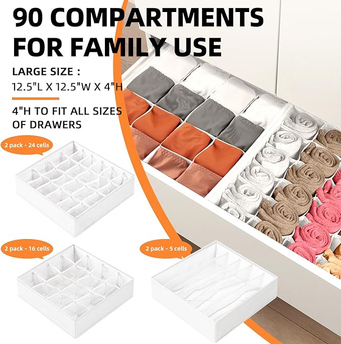 Criusia Drawer Organizer - 6 Set Clothes Organizer for Closet & Bedroom - 90 Cells Bins for Sock, Underwear, Bra, Baby Clothe