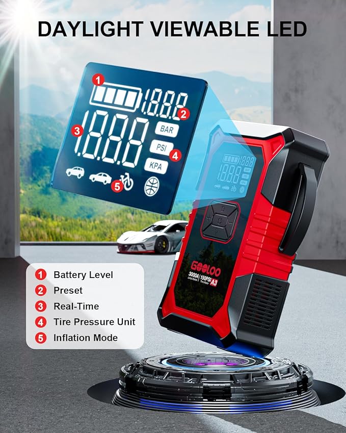 GOOLOO A3 Jump Starter with Air Compressor, 3000A Portable Car Battery Booster (9.0 Gas/6.5L Diesel) with 150PSI
