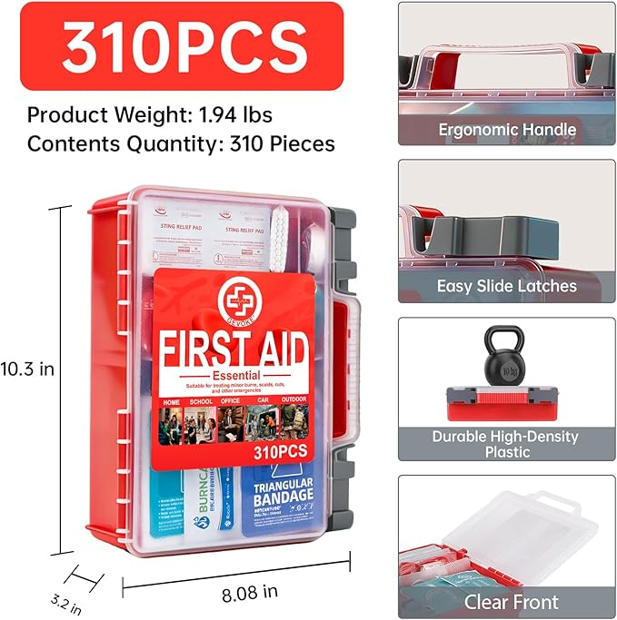 Professional First Aid Kit - 310 Piece HardCase Medical Kit for Home, Car, Camping, Travel, Hiking, Truck, Office, Sports, Ve