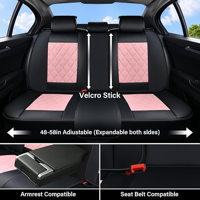 Coverado Leather Seat Covers, Car Seat Covers Full Set, Waterproof Faux Leather Pink & Black Seat Covers, Car Seat Protectors
