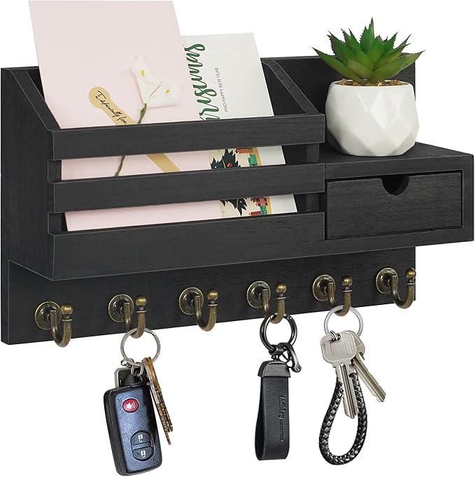 FifthQuarter Key and Mail Holder for Wall, Mail Organizer Wall Mount with 6 Hooks and Storage Drawer, Easy Installation Key R