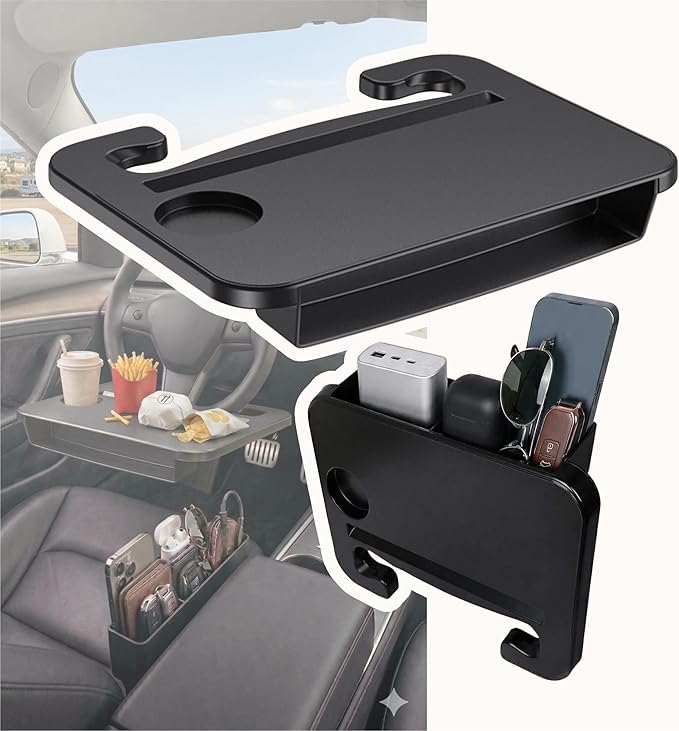 Steering Wheel Tray for Tesla Model 3 Y S X and Other Compact Cars, 2-in-1 Car Food Tray and Seat Gap Organizer, Compact Desk for Eating, Writing, Quick Work and Storage, Black