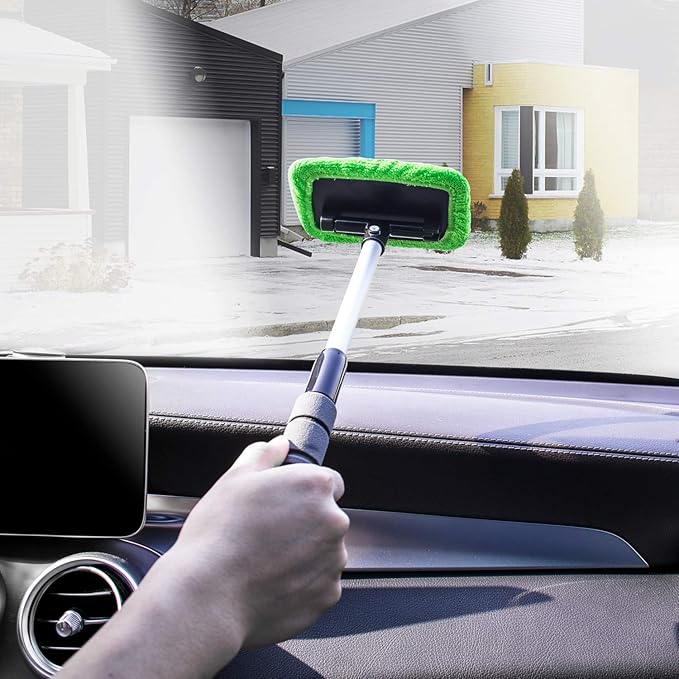XINDELL Windshield Cleaning Tool for Car – Extendable Handle Window Cleaner with Reusable Microfiber Pads, Streak-Free Interi
