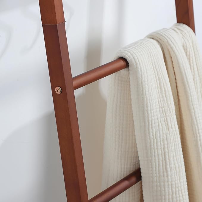 Taozun 6-Tier Wood Blanket Ladder for Living Room, Rustic Wooden Farmhouse Quilt Ladder with 4 S-hooks, 66-Inch Wall Leaning 