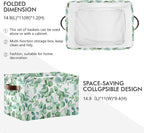 xigua Green Leaves Storage Basket Collapsible Storage Bins Waterproof Canvas Storage Basket with Leather Handles for Home Clo
