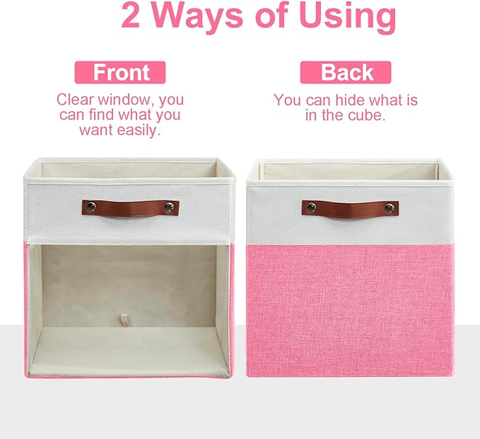Bagnizer Storage Cubes, 4 Pack Linen Foldable Storage Bins (13 x 13 inch) with Clear Window and Handles, Fabric Organizer for