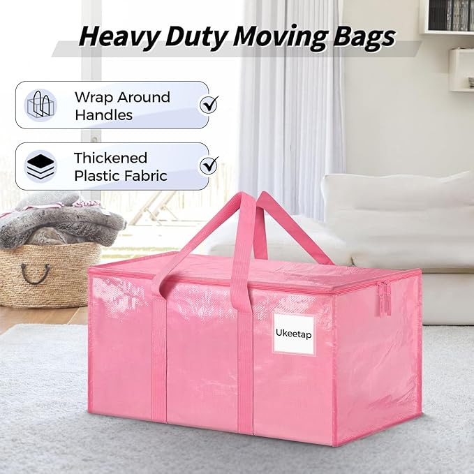 16 Pack Extra Large Heavy Duty Moving Bags, Pink Storage Bins with Lids, Reinforced Handles & Heavy-Duty Zippers Moving Boxes