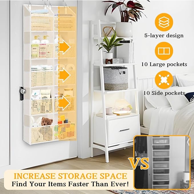 Over The Door Organizer 5 Tiers, Extra Large Behind Door Storage of 10 Compartments, 80 lbs Weight Capacity Hanging Storage O