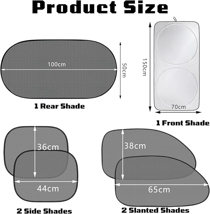 6 PCS Universal Car Shades for Side Windows,Suction Cup Design,Car Window Shades Set,Sedan Sunshade for to UV Rays, Easy Install, Fit Most of Cars,(2 Slanted +2 Side+1 Rear+1 Front Shade)