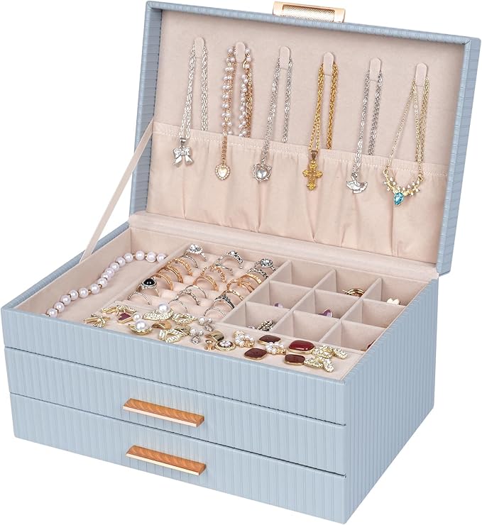 Dajasan Jewelry Box Organizer, 3-Tier Jewelry Storage with 2 Drawers, Large Jewelry Boxes for Women, PU Leather Surface with 