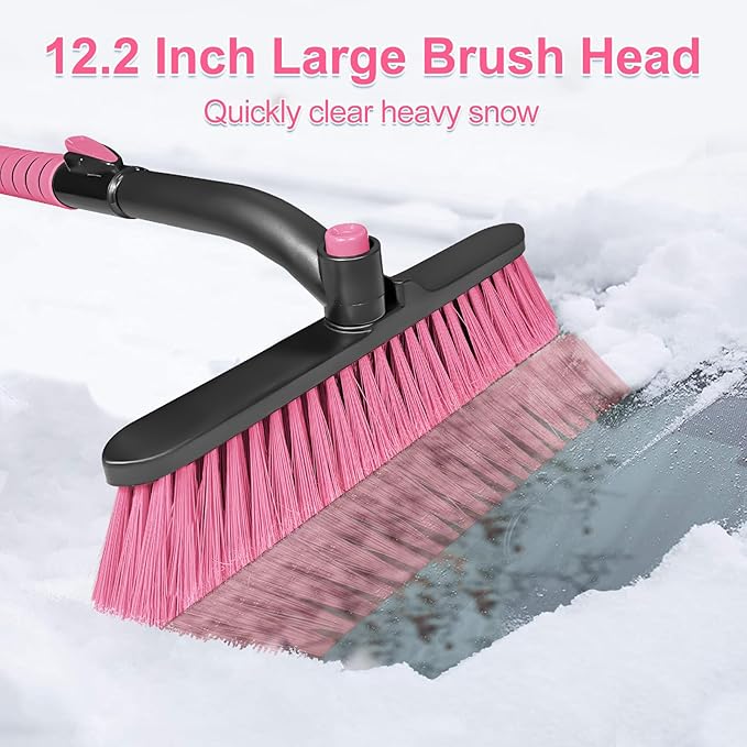 SEAAES 44 Inch Ice Scraper and Snow Brush for Car Windshield, Extendable Snow Removal Brush with Foam Grip for Truck SUV Vehicle Window - Pink