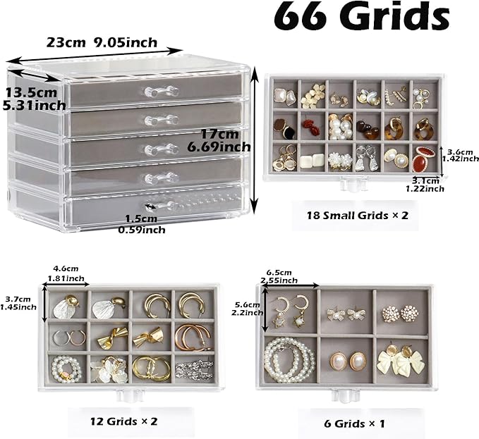 YUFONG Jewelry Organizer with 5 Drawers Clear Acrylic Earring Display Case Velvet Jewelry Storage Box Display Holder for Earr