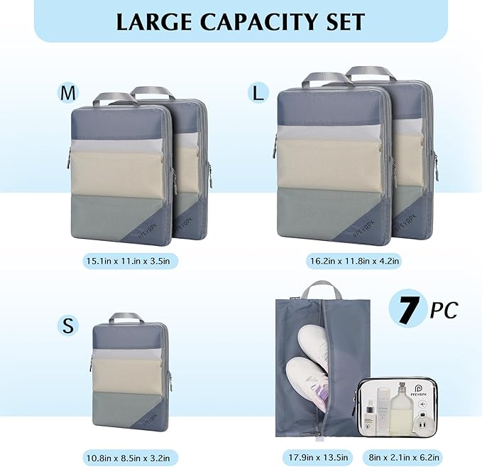 PFEYRPK Lightweight Compression Packing Cubes for Suitcases, Compressible Expandable Travel Packing Organizer with Clear Toil