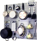 Wall Control Kitchen Pegboard Organizer Pots and Pans Storage Rack Organization Kit with Grey Pegboard and Blue Accessories