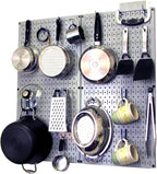 Wall Control Kitchen Pegboard Organizer Pots and Pans Storage Rack Organization Kit with Grey Pegboard and Blue Accessories