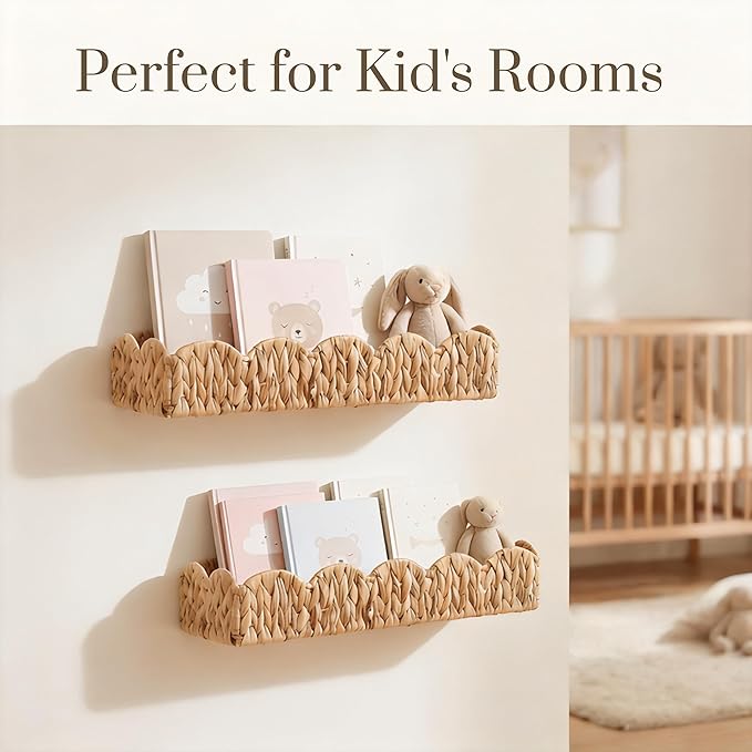 2 Pack Nursery Book Shelves, Scalloped Water Hyacinth Book Shelf for Kids Rooms, Handwoven Floating Book Shelves for Wall, 15