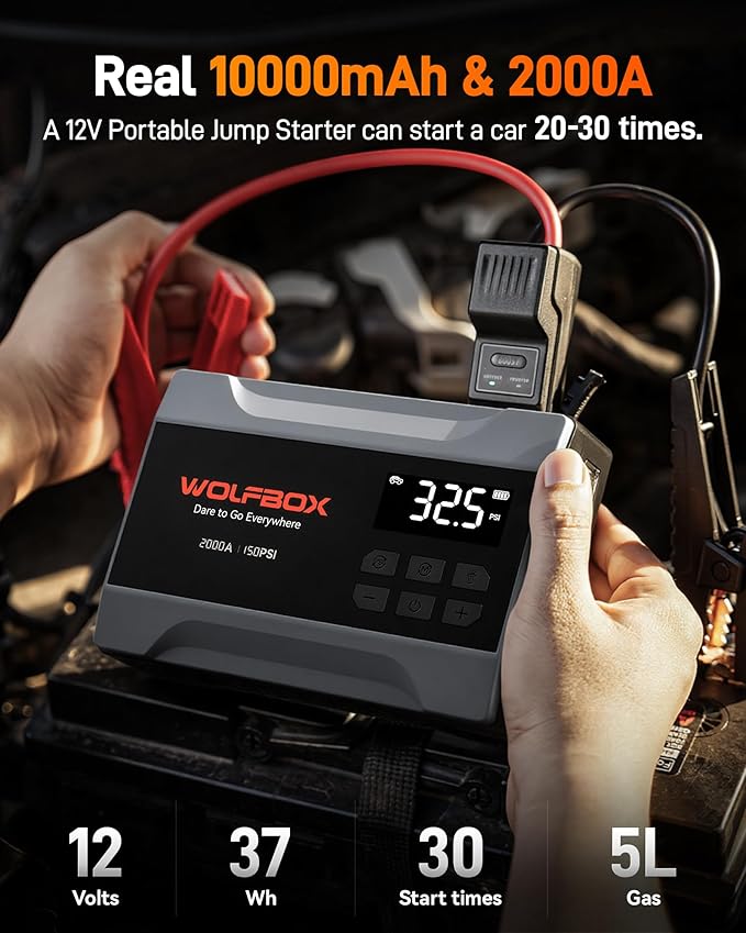 WOLFBOX 2000A Jump Starter with Air Compressor, 37Wh Car Battery Jumper Starter Portable (up to 5L Gas Engine) with 150PSI
