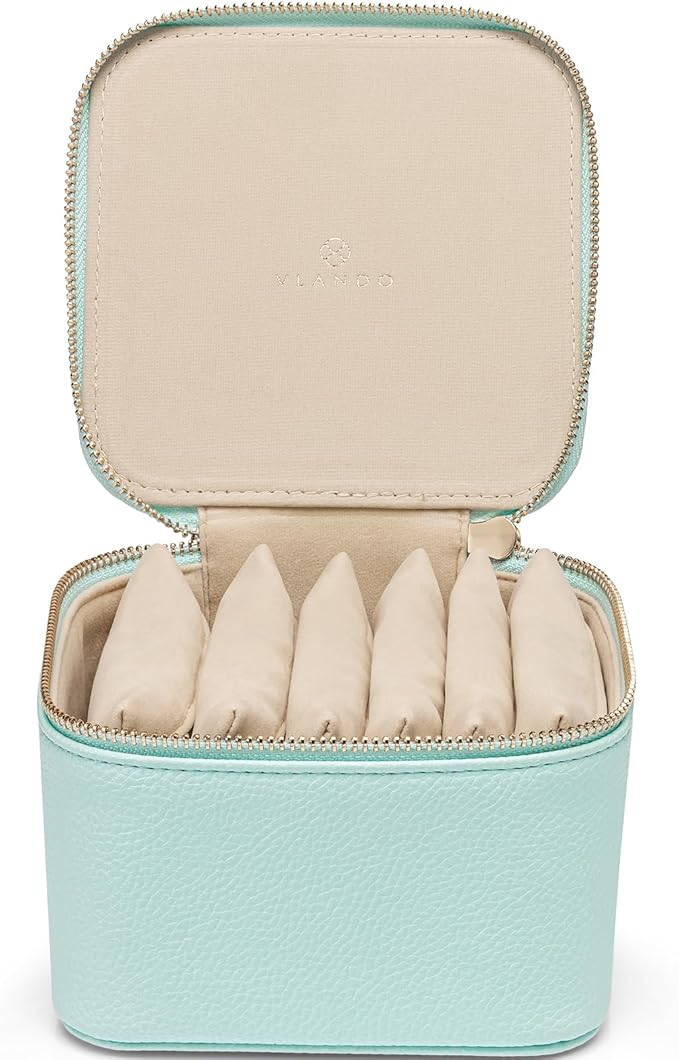 Vlando Travel Jewelry Box for Women Faux Leather Jewelry Box with 6 Velvet Jewelry Zipper Pockets Earrings Necklace Rings Sto