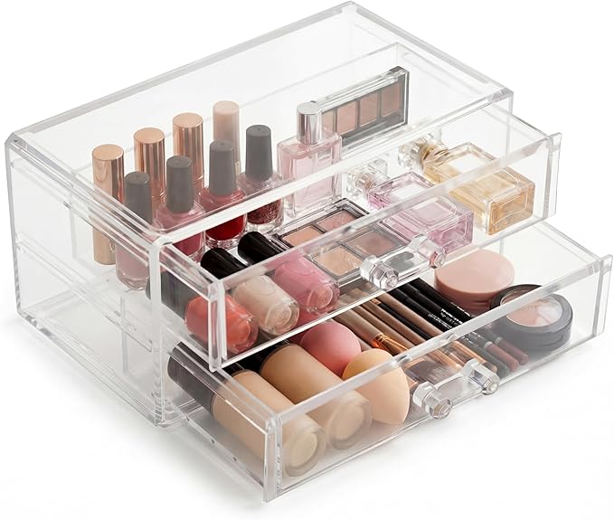 Acrylic Makeup Organizer 2 Drawer Transparent Makeup Storage Box with DIY Flower Nails Tips Jewelry Cosmetic Organizer Dustpr