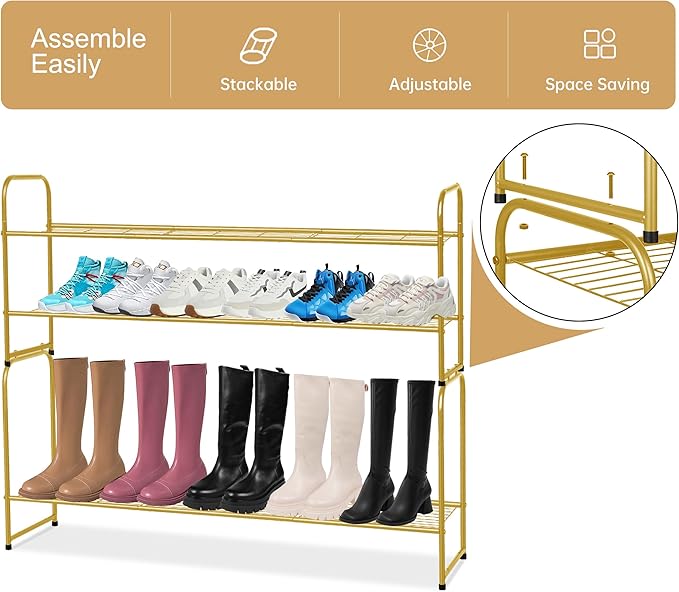 KEETDY 2-Tier Long Shoe Rack for Closet Metal Shoe Organizer for Entryway, Wide Stackable Shoe Storage Shelf with Sturdy Wire