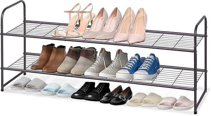 KEETDY 2-Tier Long Shoe Rack for Closet Entryway Shoe Organizer for 18 Pairs Sneakers, Metal Stackable Shoe Storage Shelf wit
