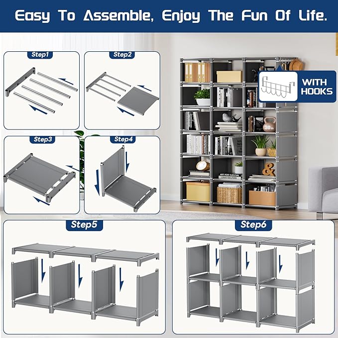 Mavivegue Book Shelf, 18 Cube Storage Organizer, DIY Bookcase, Metal Cube Bookshelf, Cubbies Closet Storage Organizer Shelves