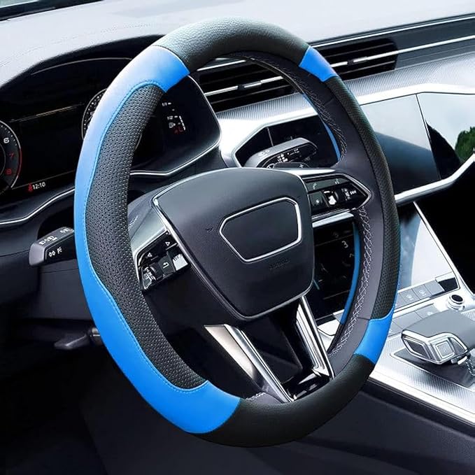 Xizopucy Blue Steering Wheel Cover Microfiber Leather Sporty Car Accessories for Men and Women,Breathable Non-Slip Universal 