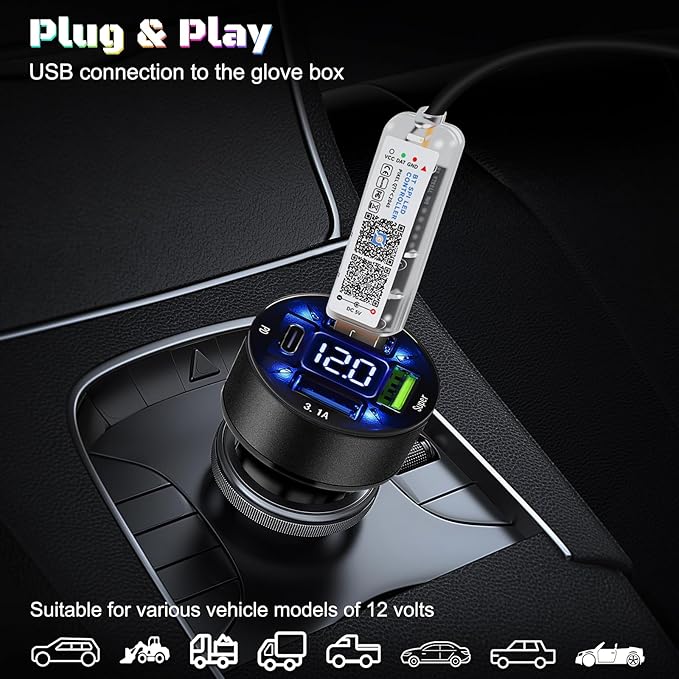 Dreamcolor Acrylic Interior Car LED Strip Light with USB/Type C/4-Port USB Cigarette Lighter,RGB 10 in 1 with 175 inches 650 LEDs Ambient Lighting Kits, Sound Active Function Neon Led Strips for Car