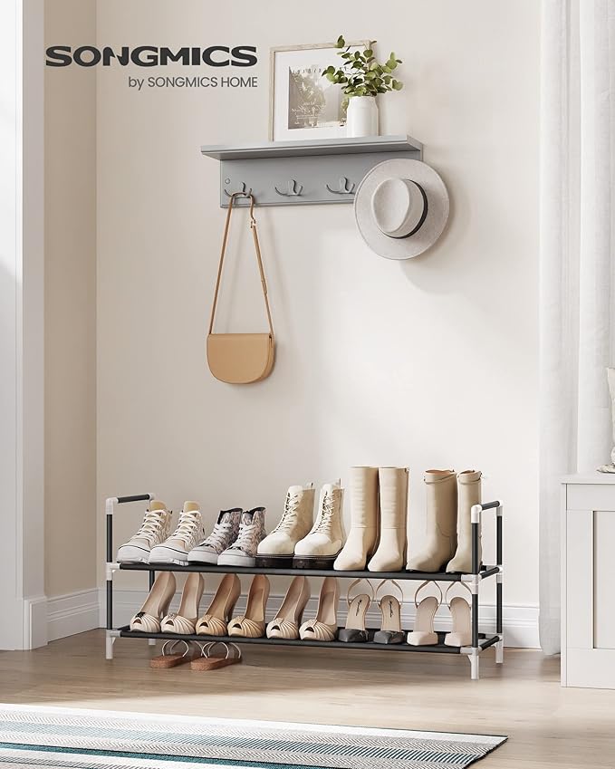 SONGMICS 2-Tier Shoe Rack, Shoe Storage for Hallway Closet, Slim and Space-Saving, Metal Frame, Non-Woven Fabric Shelves, Bla