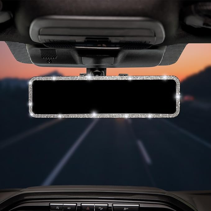 JOYTUTUS Rear View Mirror, Universal 11.81 Inch Panoramic Rearview Accessories with Bling Rhinestones Crystal Diamonds Edge, Interior Clip-on Wide Angle Rear View Mirror -White