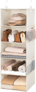 StorageWorks 5-Shelf Hanging Closet Organizers, Foldable Closet Storage Organizer with 2 Side Pockets, Portable Hanging Shelv