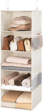 StorageWorks 5-Shelf Hanging Closet Organizers, Foldable Closet Storage Organizer with 2 Side Pockets, Portable Hanging Shelv